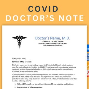 Vorlage für COVID-Arztbrief | COVID medizinische Entschuldigung | COVID Arzt Entschuldigung für die Arbeit | covid Krankurlaub Arztnotiz | Bearbeitbar und druckbar