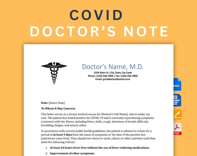 Editable COVID Doctor Note Template | Medical Excuse (Digital Download)