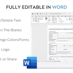 Fully Editable in Word: Features for editing in Word including add/delete text, fill in blanks, change colors/fonts, add logo, and print/share options with a Word interface screenshot.