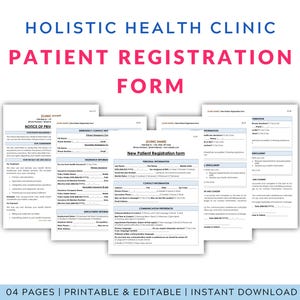 Może przedstawiać: Zestaw formularzy rejestracyjnych pacjentów dla kliniki zdrowia holistycznego. Formularze są białe z czarnym tekstem i różowymi nagłówkami. Tekst zawiera "Patient Registration Form" i "Holistic Health Clinic". Obraz zawiera również tekst "04 PAGES | PRINTABLE & EDITABLE | INSTANT DOWNLOAD".