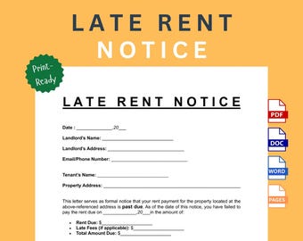 Late Rent Notice: Printable and Editable Template (PDF, DOCS, WORD, Apple Pages)