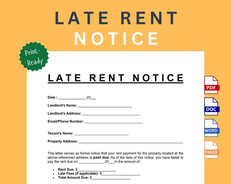 Late Rent Notice: Printable and Editable Template (PDF, DOCS, WORD ...