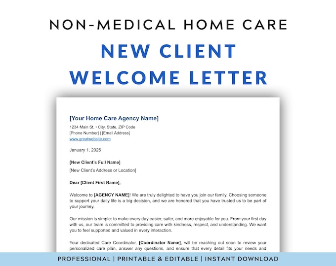 Home Care Client Welcome Letter Template: Editable & Printable (Digital Download)