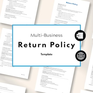 Może przedstawiać: Wyświetlany jest dokument zatytułowany „Szablon polityki zwrotów dla wielu firm”, otoczony kilkoma stronami powiązanego tekstu. Centralny dokument jest obramowany jasnoniebieską obwódką, z ikoną dokumentu Word i ikoną globu. Tekst jest czarną czcionką.
