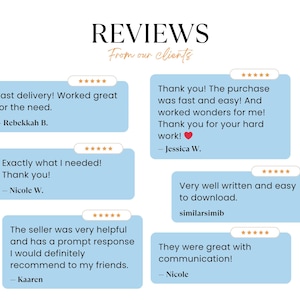 Reviews: Positive client feedback with 5 star ratings praising fast delivery, ease of use, and excellent communication.