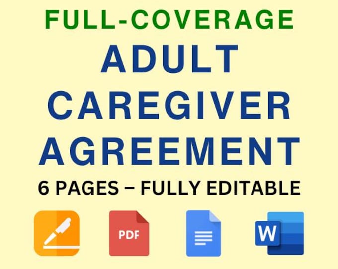 Adult Caregiver Agreement: Printable & Editable Elder Care Contract (Word, PDF, DOCS, Pages)