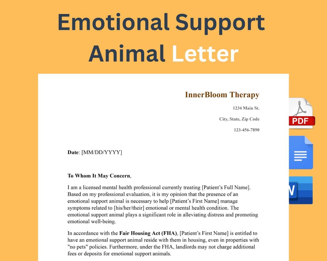 Editable Emotional Support Animal Letter Template (PDF, Word, Google Docs)