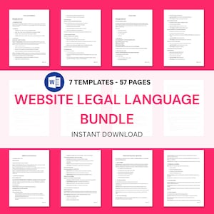 May include: A bundle of website legal language templates, including 7 templates and 57 pages. The text "Website Legal Language Bundle" is displayed in pink and white, with the words "Instant Download" below. The background is a bright pink.