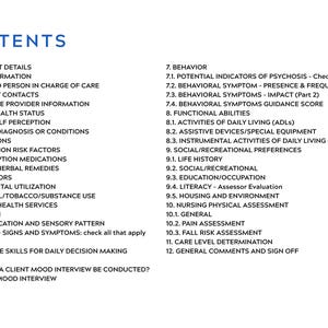 Contents: Table of contents for a 23-page non-medical home care client assessment form covering assessment details, client info, behavior, and more.