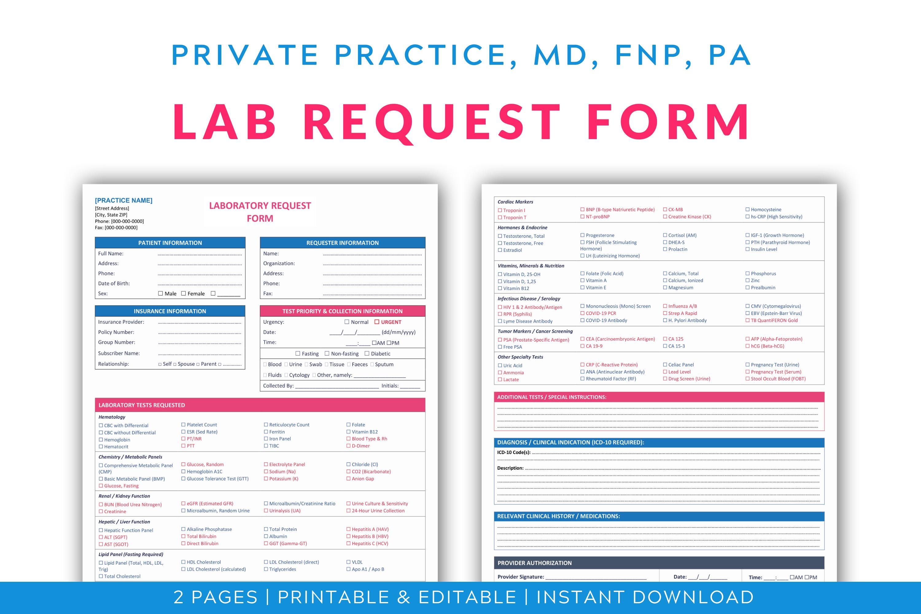 Lab Request Form Template | Medical Office Order Forms (word Format) - Etsy