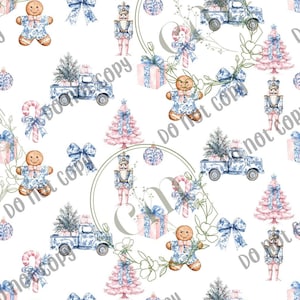 Peut inclure: Un motif sans couture sur fond blanc avec un motif répétitif d'arbres de Noël bleus et roses, de bonhommes en pain d'épices, de casse-noises et de camions transportant des arbres de Noël. Le motif comprend des nœuds bleus et roses, des cannes en sucre et des ornements.
