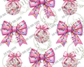 Op de afbeelding: Een naadloos patroon met roze strikken met glinsterende lichten en roze discoballen. De achtergrond is wit.