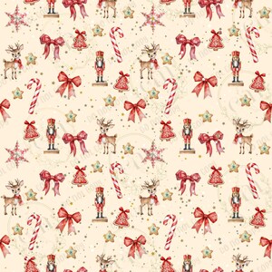 Peut inclure: Un motif sans couture composé de diverses illustrations sur le thème de Noël, notamment des cannes en sucre, des biscuits en pain d'épices, des casse-noix, des rennes, des étoiles et des nœuds. Les illustrations sont réalisées dans un style aquarelle et sont disposées sur un fond crème.