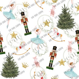 Peut inclure: Un motif sans couture sur le thème de Noël avec une ballerine, un casse-noisette, un cheval à bascule, un sapin de Noël et une étoile. Le motif est sur fond blanc.