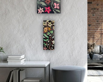 Set met getextureerde bloemencanvasschilderijen | Handgemaakte botanische acrylmuurkunst