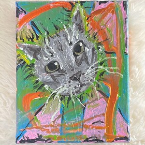 Unique Wall Art - Colorful Cat Abstract - Acrylic Painting 10x8”