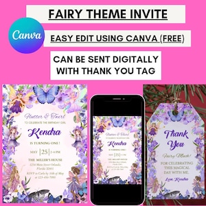 Editable Fairy Birthday Invitation: Purple Floral Design (Canva Template)