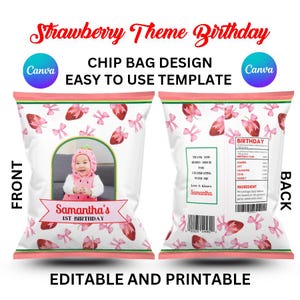EDITABLE Strawberry Birthday Party Chip Bag, Berry Sweet Birthday Treat Bag, Strawberry 1st Birthday Party Favor, Printable Template |
