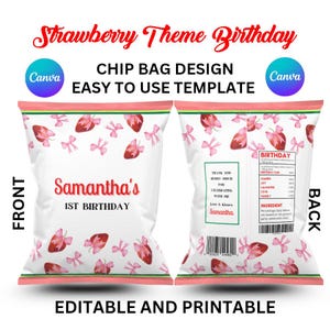 EDITABLE Strawberry Birthday Party Chip Bag, Berry Sweet Birthday Treat Bag, Strawberry 1st Birthday Party Favor, Printable Template | P04