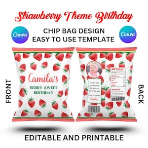 EDITABLE Strawberry Birthday Party Chip Bag, Berry Sweet Birthday Treat Bag, Strawberry 1st Birthday Party Favor, Printable Template | P01