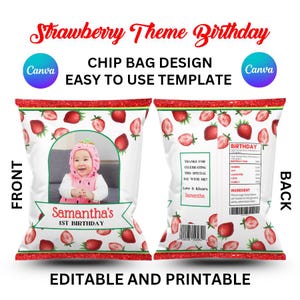 EDITABLE Strawberry Birthday Party Chip Bag, Berry Sweet Birthday Treat Bag, Strawberry 1st Birthday Party Favor, Printable Template | P05