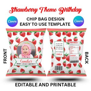 EDITABLE Strawberry Birthday Party Chip Bag, Berry Sweet Birthday Treat Bag, Strawberry 1st Birthday Party Favor, Printable Template | P01