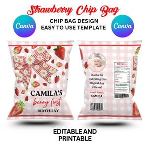EDITABLE Strawberry Birthday Party Chip Bag, Berry Sweet Birthday Treat Bag, Strawberry 1st Birthday Party Favor, Printable Template | B00