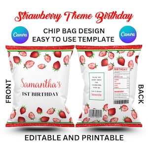 EDITABLE Strawberry Birthday Party Chip Bag, Berry Sweet Birthday Treat Bag, Strawberry 1st Birthday Party Favor, Printable Template | 02