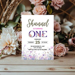 Editable Purple Wildflower Birthday Invitation | Purple Floral 1st Birthday Party Template
