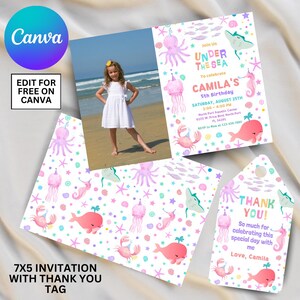 Editable Under the Sea Birthday Invitation, Cute Sea Creatures Theme with Whale,Octopus, jellyfish with Thank You Tag – Instant Download