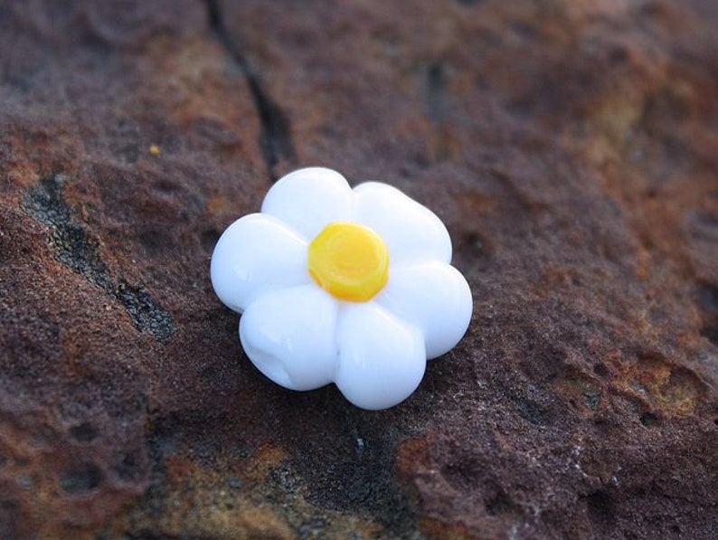 White Yellow Daisy Flower Focal Bead Handmade Glass Lampwork Bead by TH