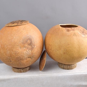 Bol calebasse tissé à la main avec couvercle | Ustensile d'art africain en bois | Composant instrument de musique