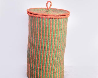 Handmade African Laundry Basket with Lid| Natural Straw Hamper| wicker entryway floor bin