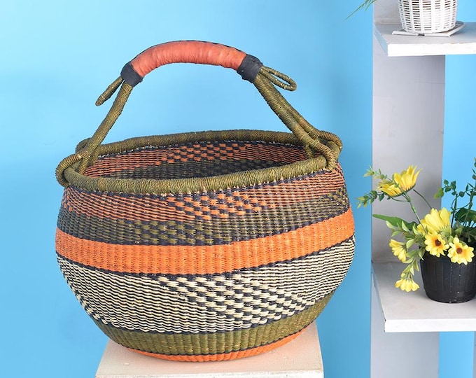Farmer market basket| Handwoven Ghana shopper| round collection hamper