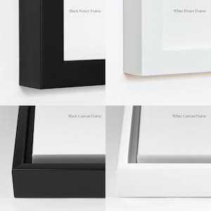 May include: Four close-up views of picture frames. The top left shows a black poster frame, and the top right shows a white poster frame. The bottom left shows a black canvas frame, and the bottom right shows a white canvas frame.