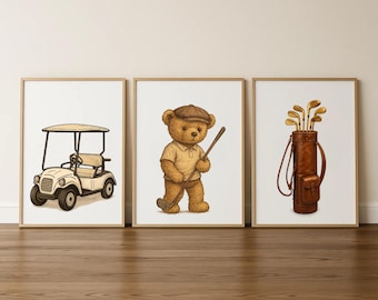 Set of 3 Vintage Golf Cart/Teddy bear/Golf Bag Wall Artwork Poster Print Home Decor Bedroom Office Classic Dad/Father/Husband/Guy Gift