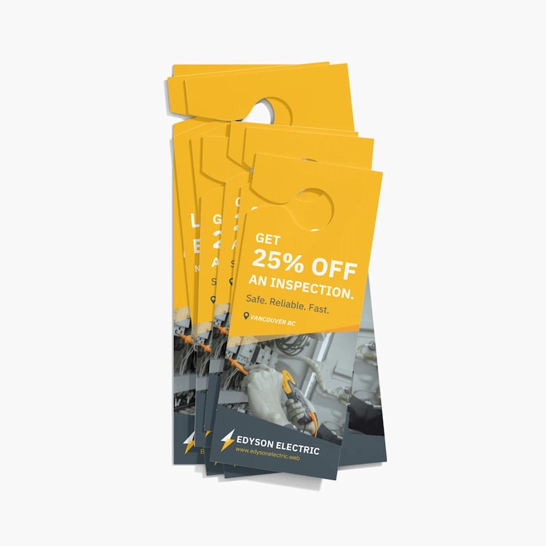 May include: A stack of yellow and gray hang tags. The tags have a circular hole at the top and feature the text "GET 25% OFF AN INSPECTION. Safe, Reliable, Fast." and the Edyson Electric logo.