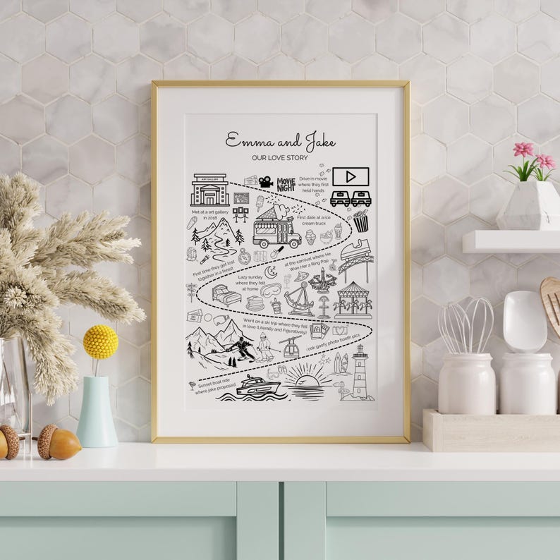 May include: A framed black and white illustration titled "Emma and Jake OUR LOVE STORY." The artwork depicts a timeline of events with various icons, including a movie camera, mountains, and a boat, all within a gold frame.