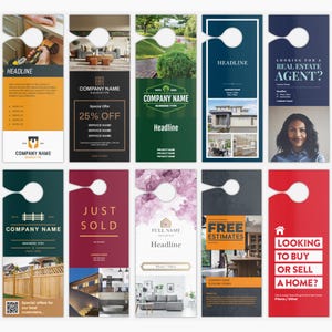 May include: A collection of door hangers with various designs and text. The designs include real estate, home services, and business promotions. Each hanger has a hole for hanging and features different color schemes and layouts.