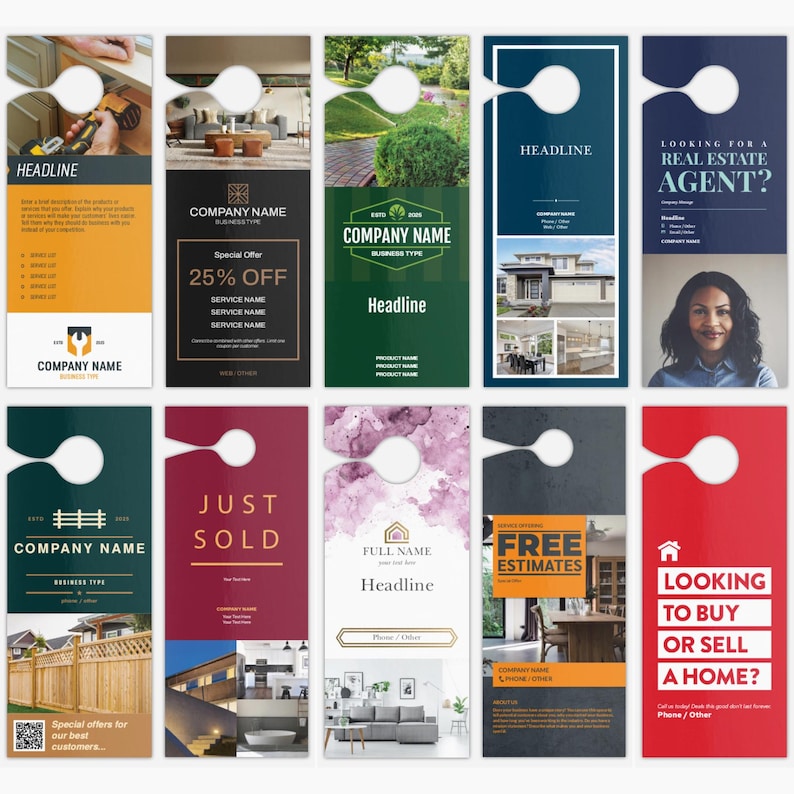 May include: A collection of door hangers with various designs and text. The designs include real estate, home services, and business promotions. Each hanger has a hole for hanging and features different color schemes and layouts.
