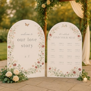 Tabla de asientos de mesa con arco, bienvenida de boda, texto personalizado, tablero de espuma impreso a color, letrero de entrada grande, anuncio de evento, exhibición personalizada