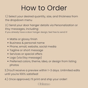 May include: A beige graphic with the title "How to Order" and numbered steps for ordering a door hanger. The steps include selecting quantity, size, and thickness, sending details, and receiving a preview. The Oblumo logo is at the bottom.