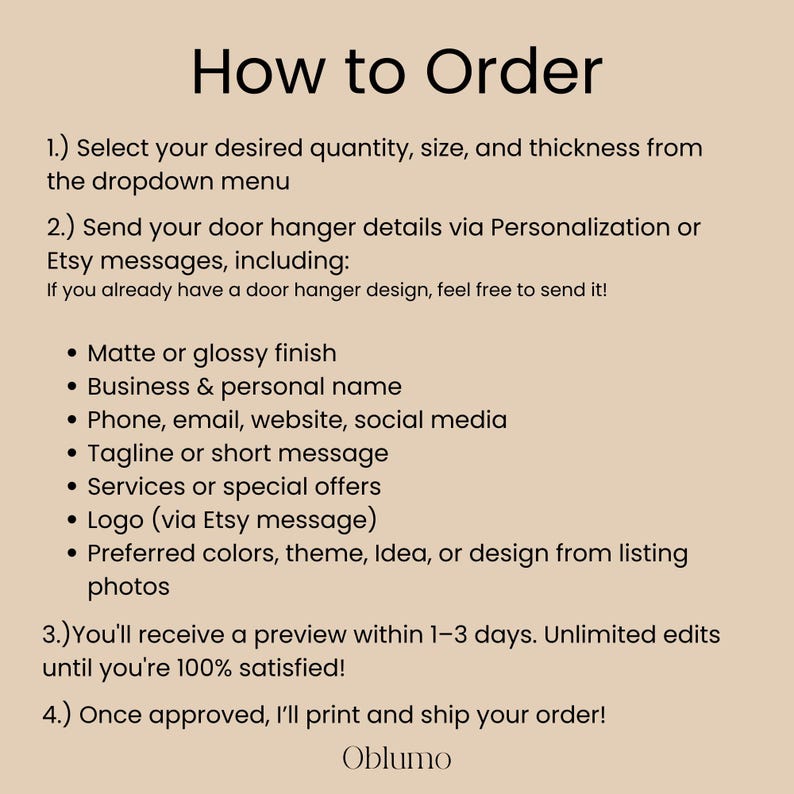 May include: A beige graphic with the title "How to Order" and numbered steps for ordering a door hanger. The steps include selecting quantity, size, and thickness, sending details, and receiving a preview. The Oblumo logo is at the bottom.