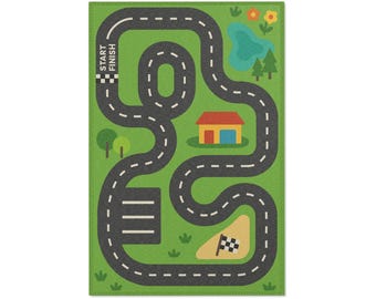 Tappeto da gioco per bambini con pista da corsa - Tappeto da sala giochi con parcheggio e traguardo / Tappeto in morbida ciniglia per bambini piccoli / Disponibile in 3 misure