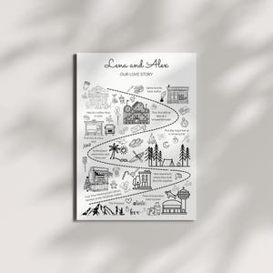 May include: A black and white illustrated print titled "Lena and Alex OUR LOVE STORY." The print depicts a timeline of events, including a coffee shop, amusement park, camping trip, and proposal, with accompanying text.