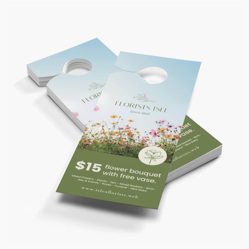 May include: A stack of flower bouquet hang tags with a gradient blue and white background. The tags feature the text "FLORISTS ISLE Since 1943" and "$15 flower bouquet with free vase."