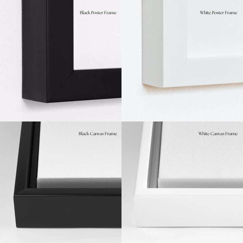 May include: Four framed art pieces: a black poster frame, a white poster frame, a black canvas frame, and a white canvas frame. Each frame is shown in a corner view, displaying the frame's color and style. Text on the image indicates the frame type.