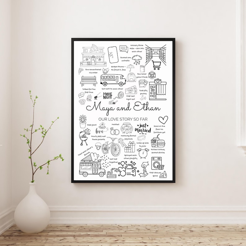 May include: Black framed print with a white background featuring black line art illustrations. The text "Maya and Ethan, Our Love Story So Far" is centered, surrounded by drawings of a bus, pizza, and other icons.