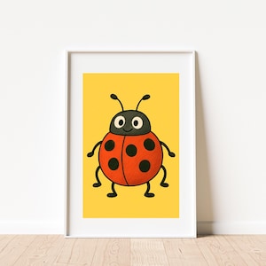Stampa artistica da parete con coccinella carina, poster divertente con insetto dei cartoni animati, decorazione luminosa per la cameretta dei bambini, carta opaca di qualità museale.