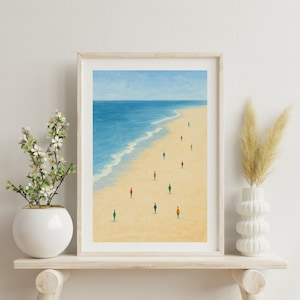 Beach Wall Art Print Aerial Ocean Shore with Tiny Colorful Silhouettes Minimal Coastal Fine Art Poster for Home, Office or Gift